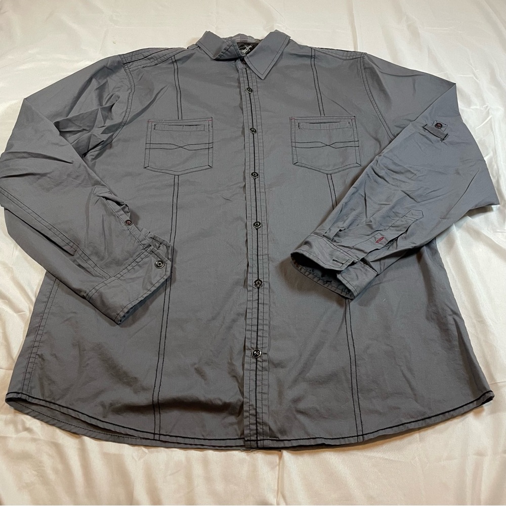 Drill Clothing Company Mens XL Gray Button Down Shirt Contrast Stitch L/S
